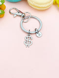 Silver Dollar Sign Keychain, Initial Charm, Personalized Keyring