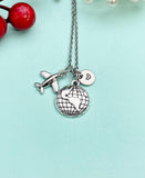 Silver Globe Airplane Charm Necklace, Travel Adventure Gift, N6668