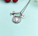 Silver Globe Airplane Charm Necklace, Travel Adventure Gift, N6668
