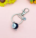 Silver Black 8 Ball Billiards Charm Keychain, Snooker, N6670