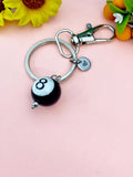 Silver Black 8 Ball Billiards Charm Keychain, Snooker, N6670