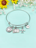 Silver Travel Bracelet Globe, Suitcase Airplane Charms, Christmas Travel Agency Gifts, N5370