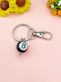 Silver Black 8 Ball Billiards Charm Keychain, Snooker, N6670