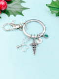Silver Caduceus Stethoscope Charm Keychain, Doctor Nurse Medical School Student Gifts, N4950K