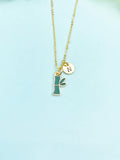 Gold Bamboo Charm Necklace, Green Bamboo Stick Tree Leaf Jewelry Gift, N5861