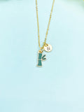 Gold Bamboo Charm Necklace, Green Bamboo Stick Tree Leaf Jewelry Gift, N5861
