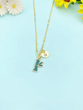 Gold Bamboo Charm Necklace, Green Bamboo Stick Tree Leaf Jewelry Gift, N5861