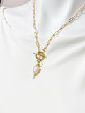 Gold Oval Necklace with Toggle Clasp and Wrapped Cultured Freshwater Pearl Pendant, N6716N
