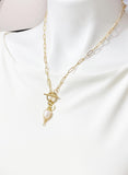 Gold Oval Necklace with Toggle Clasp and Wrapped Cultured Freshwater Pearl Pendant, N6716N