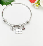 Personalized Book Lover Bracelet, Initial Charm, Stainless Steel Bangle