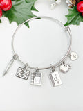 Teacher Charm Bracelet – Silver Bracelet Bangle with Book, Apple, Math, and Initial Charms, N1496