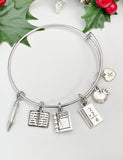 Teacher Charm Bracelet – Silver Bracelet Bangle with Book, Apple, Math, and Initial Charms, N1496