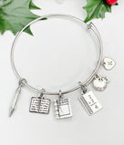 Teacher Charm Bracelet – Silver Bracelet Bangle with Book, Apple, Math, and Initial Charms, N1496