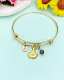 Ginkgo Leaf Bracelet – Gold Bangle with Personalized Initial Charms A–Z Gift for Her, N1804