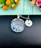 Silver One Dandelion Three Forget Me Not Real Flower Charm Necklace, Wish Gifts, N5779S