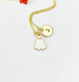 Enamel Ghost Charm Necklace, Gold Initial Pendant, Halloween Jewelry