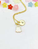 Enamel Ghost Charm Necklace, Gold Initial Pendant, Halloween Jewelry