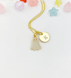 Gold Ghost Charm Necklace, Initial Pendant, Halloween Jewelry