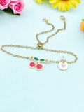 Gold Cherry Bracelet • Initial Charm, Dainty Fruit Jewelry