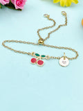 Gold Cherry Bracelet • Initial Charm, Dainty Fruit Jewelry