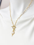 Gold Oval Necklace with Toggle Clasp and Wrapped Cultured Freshwater Pearl Pendant, N6716N