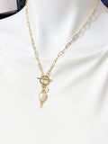 Gold Oval Necklace with Toggle Clasp and Wrapped Cultured Freshwater Pearl Pendant, N6716N