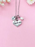 Silver Thank You Necklace, Heart and Pearl Charm, N1269B