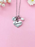 Silver Thank You Necklace, Heart and Pearl Charm, N1269B