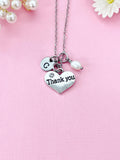 Silver Thank You Necklace, Heart and Pearl Charm, N1269B