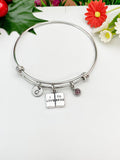 Personalized Book Lover Bracelet, Initial Charm, Stainless Steel Bangle