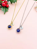 Gold Natural Lapis Lazuli Gemstone Personized Initial Necklace, N4609Z