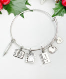 Teacher Charm Bracelet – Silver Bracelet Bangle with Book, Apple, Math, and Initial Charms, N1496
