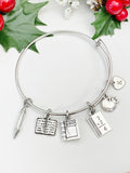 Teacher Charm Bracelet – Silver Bracelet Bangle with Book, Apple, Math, and Initial Charms, N1496