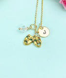 Drama Mask Necklace – Gold Theater Charm with Personalized Initial Charms A–Z Gift for Performer, N4893