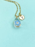 Forget Me Not Initial Necklace – Pressed Flower Pendant, Gold