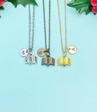 Open Book Charm Necklace in Silver, Gold or Bronze with Initial Pendant, N916M