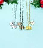 Open Book Charm Necklace in Silver, Gold or Bronze with Initial Pendant, N916M