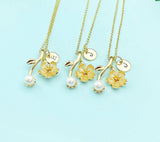 Gold Cherry Blossom Charm Necklace with Personalized Initial Pendant, N2190