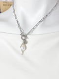 Silver Oval Necklace with Toggle Clasp and Wrapped Cultured Freshwater Pearl Pendant, N6716N