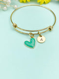 Green Heart Charm Bangle Bracelet, Personalized Initial Gift