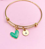 Green Heart Charm Bangle Bracelet, Personalized Initial Gift