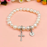 Natural Pearl Cross Stretch Bracelet with Personalized Initial Charm, N6757