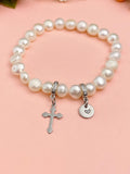 Natural Pearl Cross Stretch Bracelet with Personalized Initial Charm, N6757