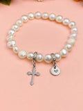 Natural Pearl Cross Stretch Bracelet with Personalized Initial Charm, N6757