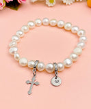 Natural Pearl Cross Stretch Bracelet with Personalized Initial Charm, N6757