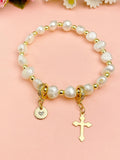 Gold Natural Pearl Cross Stretch Bracelet with Personalized Initial Charm, N6758
