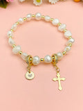 Gold Natural Pearl Cross Stretch Bracelet with Personalized Initial Charm, N6758