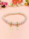 Gold Natural Cultured Freshwater Pearl Zirconia Bracelet with Personalized Initial Charm, N6759