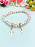 Gold Natural Cultured Freshwater Pearl Zirconia Bracelet with Personalized Initial Charm, N6759