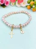 Gold Natural Cultured Freshwater Pearl Zirconia Bracelet with Personalized Initial Charm, N6759